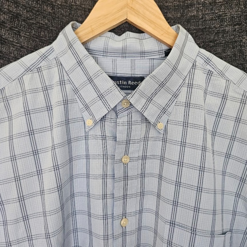 Austin Reed London Blue Plaid Button-Down Dress Shirt Collar Pocket Size XXL